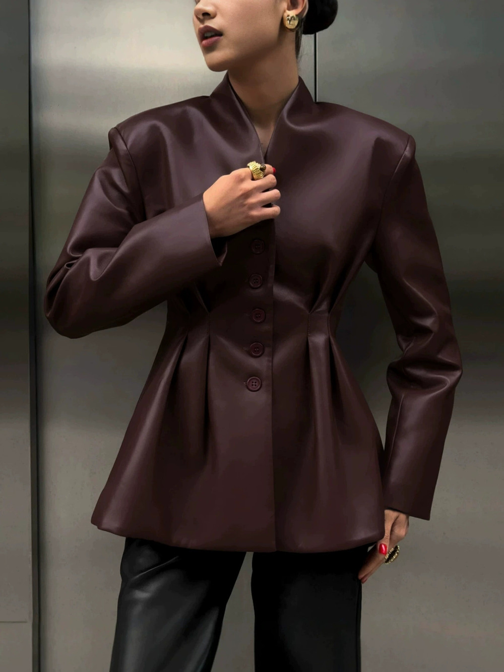 Zara Stand Collar Pleated Waist Leather Jacket Burgundy Autumn